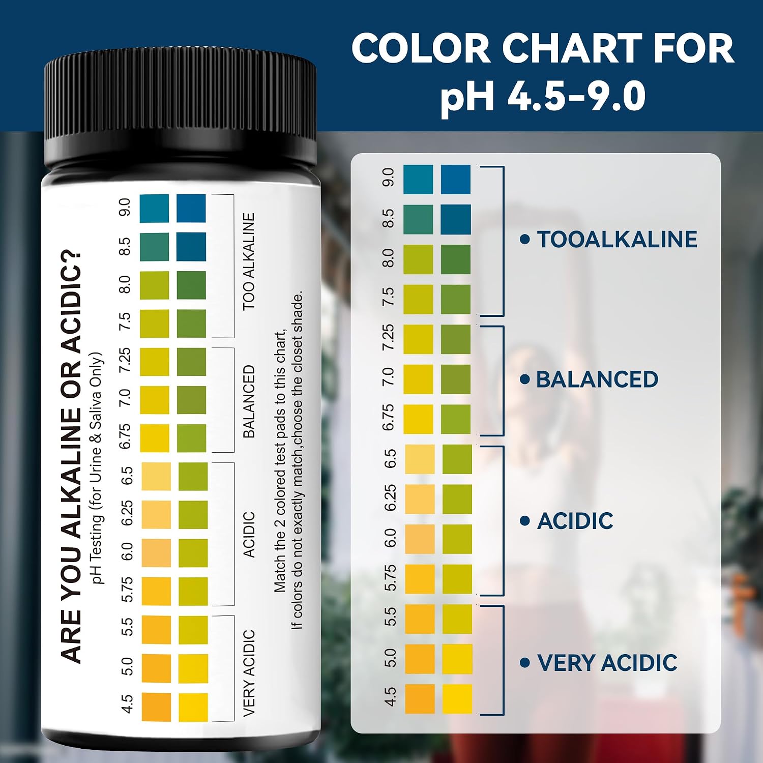 Saliva and Urine pH Test Strips,100 Paper pH Strips for Tracking Alkaline & Acid Levels in Body, Fast, Accurate pH Testing from 4.5-9.0