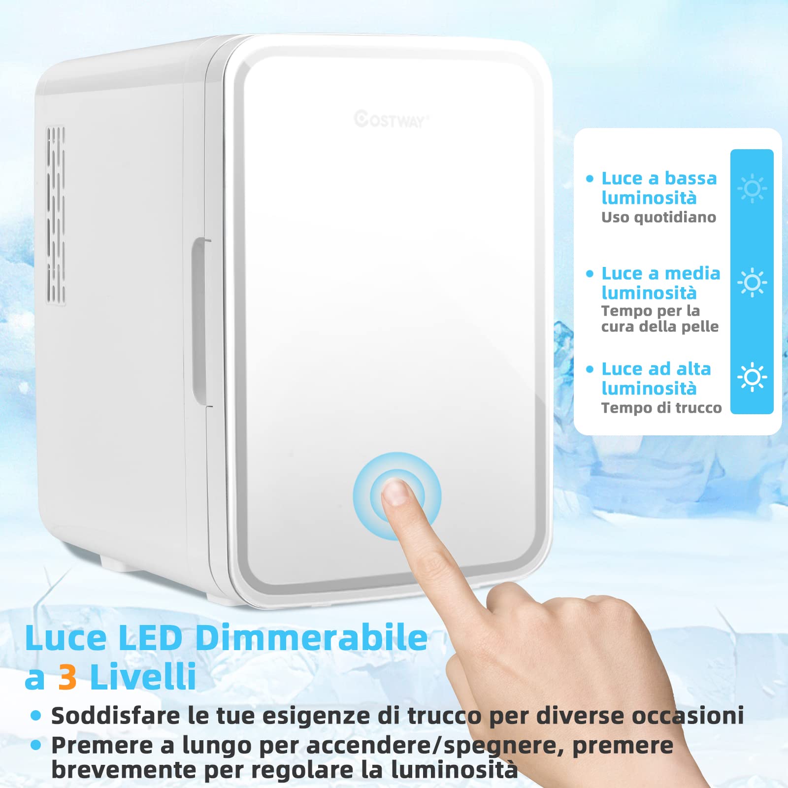 COSTWAY 10 L Mini Frigo Portatile 220 V AC/12 V DC con Specchio LED per Prodotti di Bellezza, Bevande, Frigo Termostatico e Riscaldamento per Auto, 23 x 28 x 34 cm