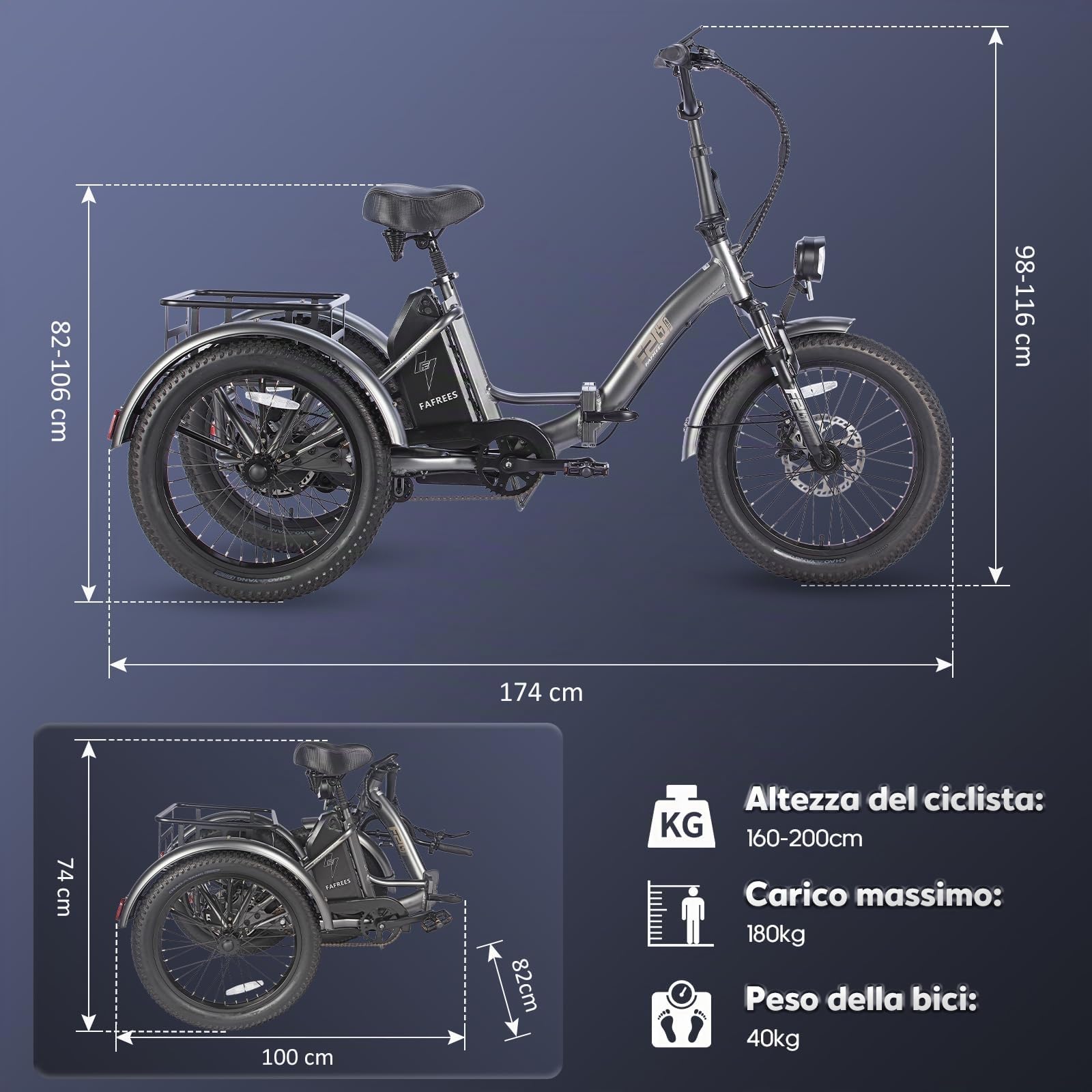 Fafrees Triciclo Elettrica F20 Mate Bici Elettrica Pieghevole per Adulti Batteria Rimovibile 48V18.2Ah Ebike, Bicicletta Elettrica a 3 Ruote 20"×3.0, Autonomia 110km, Cestino Posteriore Piccolo