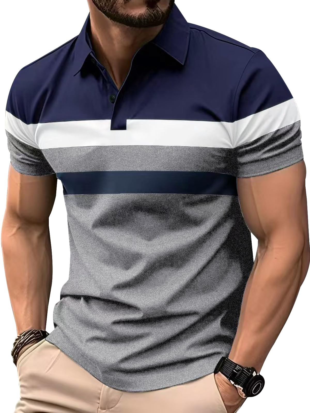 Polo Hombre Manga Corta Rayas Camisa Color en Contraste Poloshirt Casual