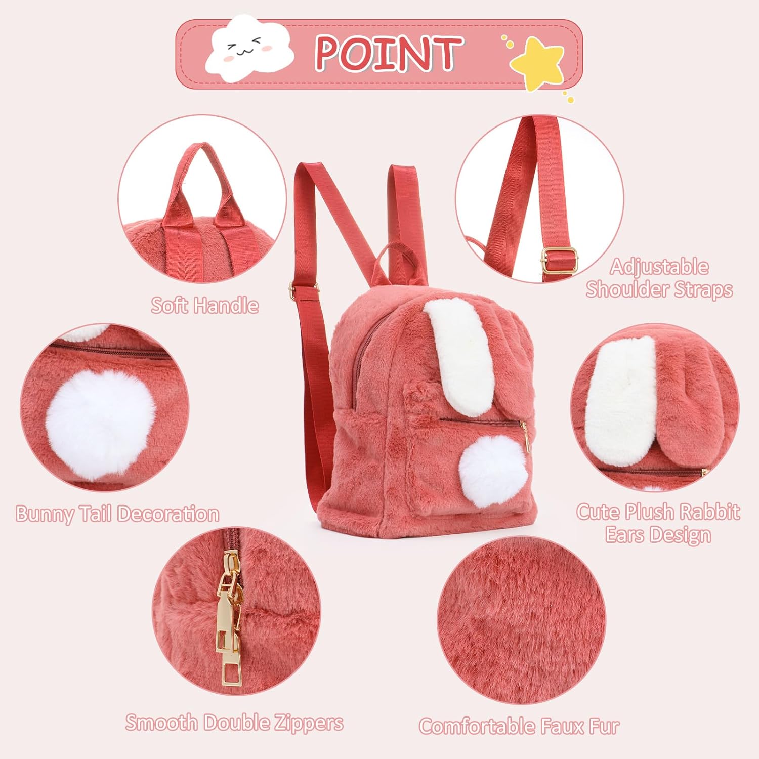 Jywmsc Schattige pluche rugzak met konijnenoren voor tieners, schoudertas, handtas, schooltas, roze, één maat, casual