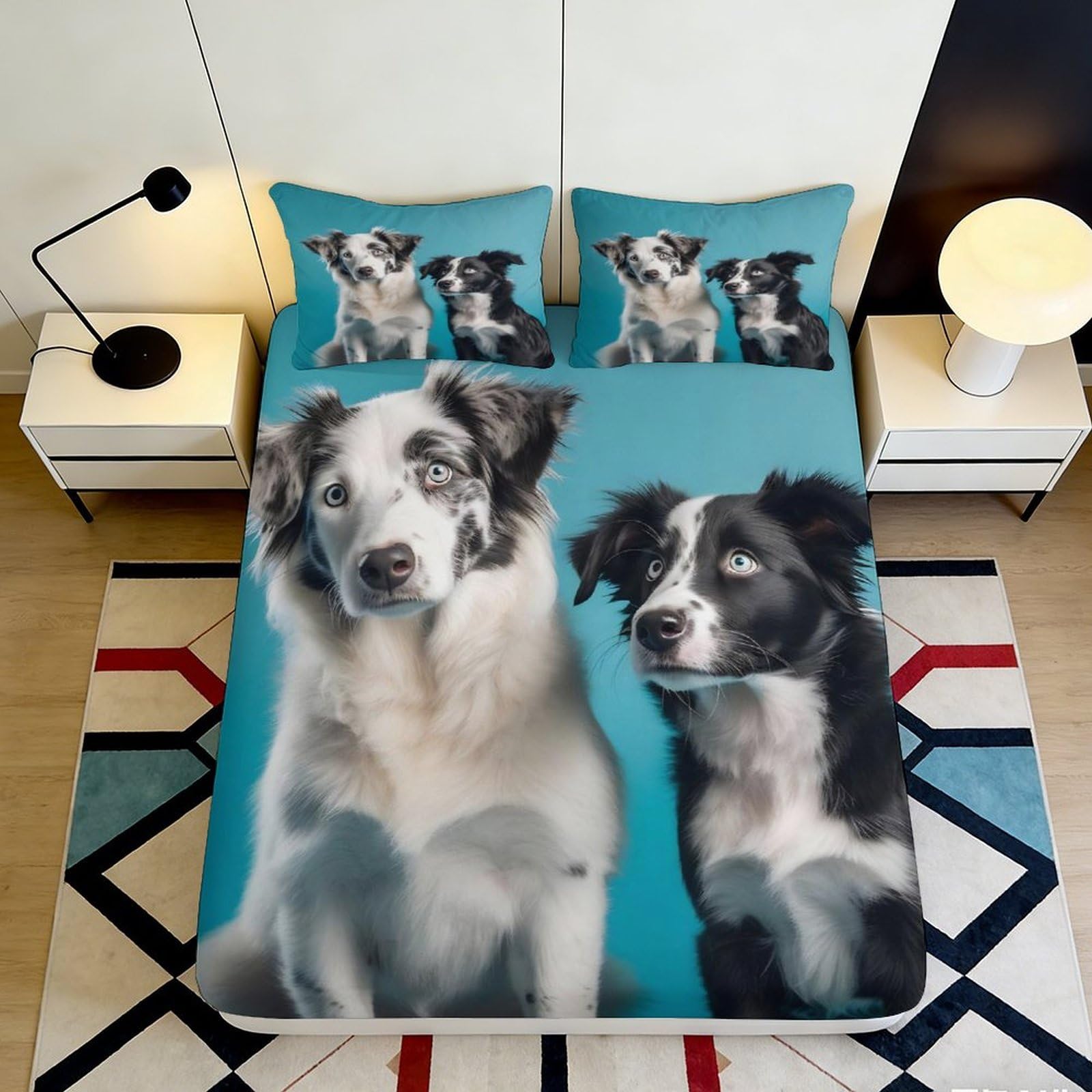 3D Printed Border Collie Dogs Fitted Sheet Microfiber Soft Breathable Blue Bed Cover for Bedroom Dormitory Guest Room Mattress Protection Decor 90x200x25cm