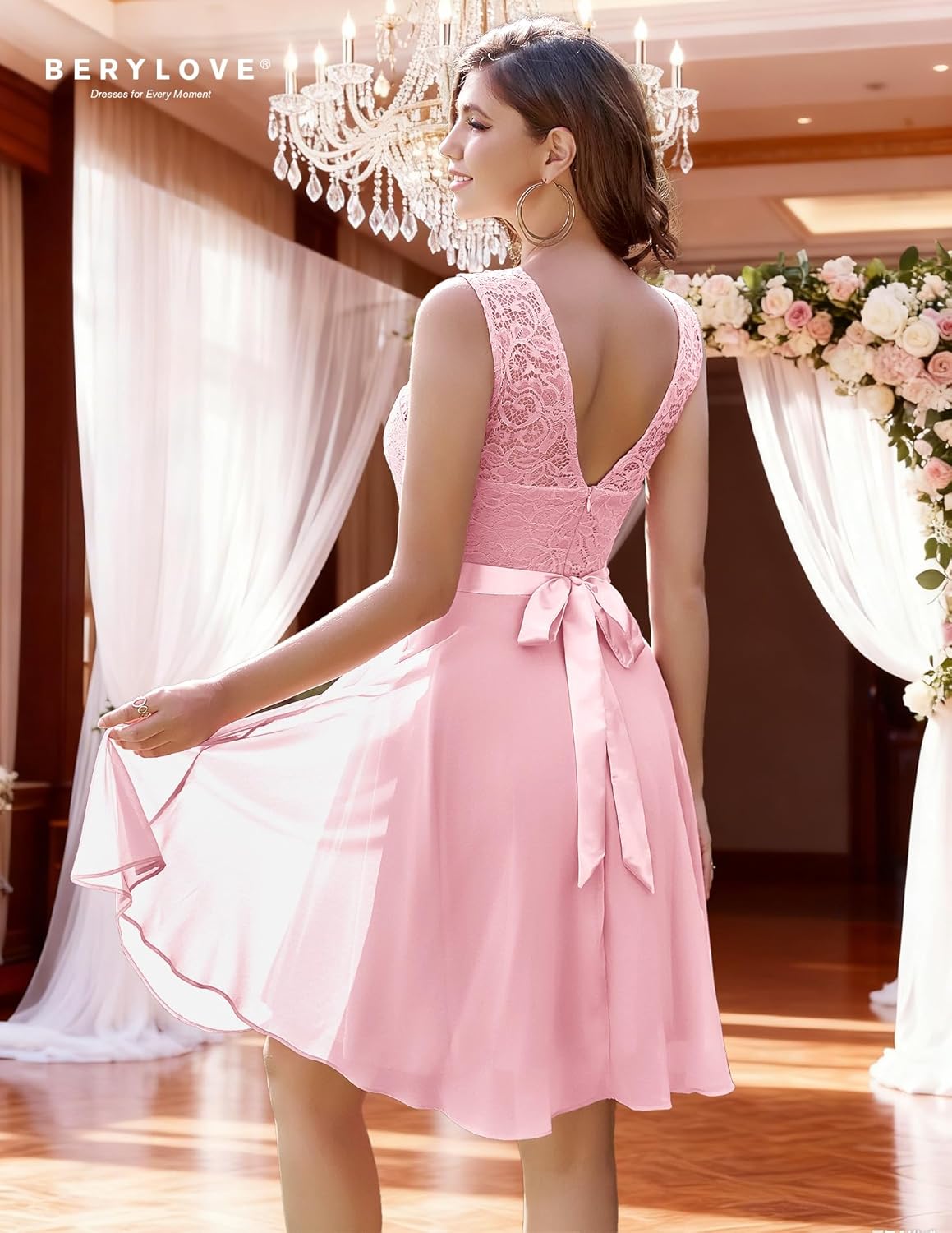 BeryLove Women's Short Prom Dresses for Teens Sleeveless Flowy A Line Wedding Guest Lace Formal Dress - Image 3