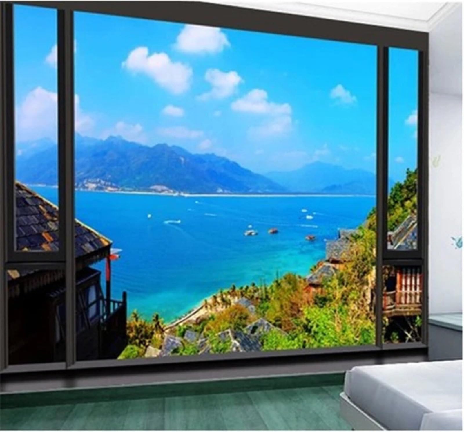 Xlming 400Cm×280Cm(B×H) Three Dimensional Window Blue Landscape Scenery 3D Wallpaper Luxury Home Dining Decor Paste Sofa Living Room The Wall For Bedroom Mural-400Cm×280Cm