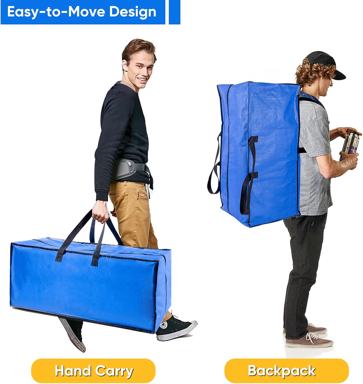 Heavy Duty Extra Large Moving Bag, 4 Pack Clothes Storage Bags with Double Zippers, Webbing Carry Handles and Backpack Straps, Totes for House College Dorm Moving Traveling Transportation, Blue : Home & Kitchen