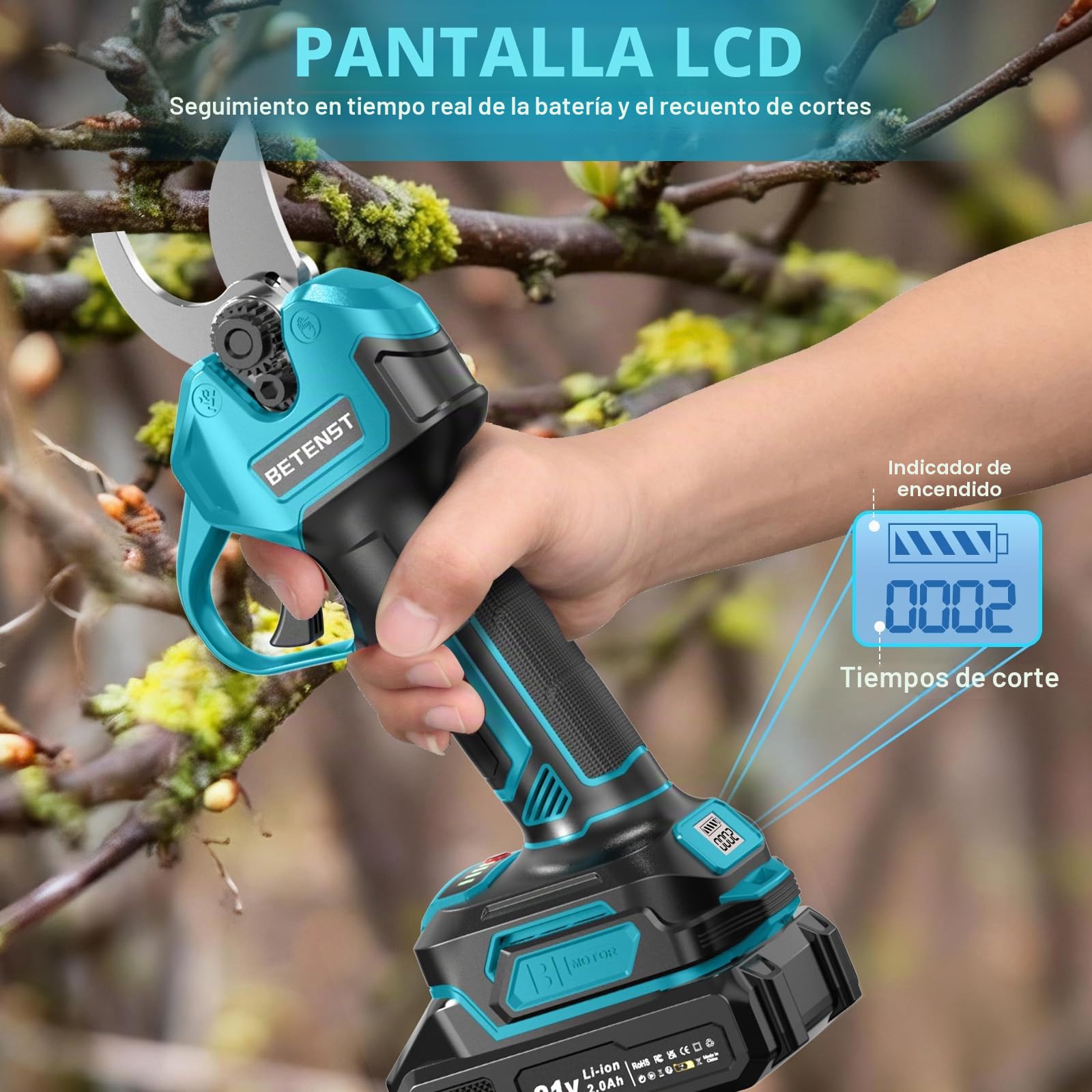 Tijeras de Podar Eléctricas Sin Escobillas, BETENST Tijeras de Podar Batería 21V con 2 Batería 2.0Ah, Hoja SK5, Pantalla LCD Tijeras de Jardín Profesionales Para Huertos, Jardinería y Granjas