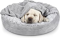 JOEJOY 23 Inch Small Dog Cat Bed with Hooded Blanket - Cozy Donut Calming Cave Burrow, Anti-Anxiety Puppy Cuddler, Anti-Slip Machine Washable