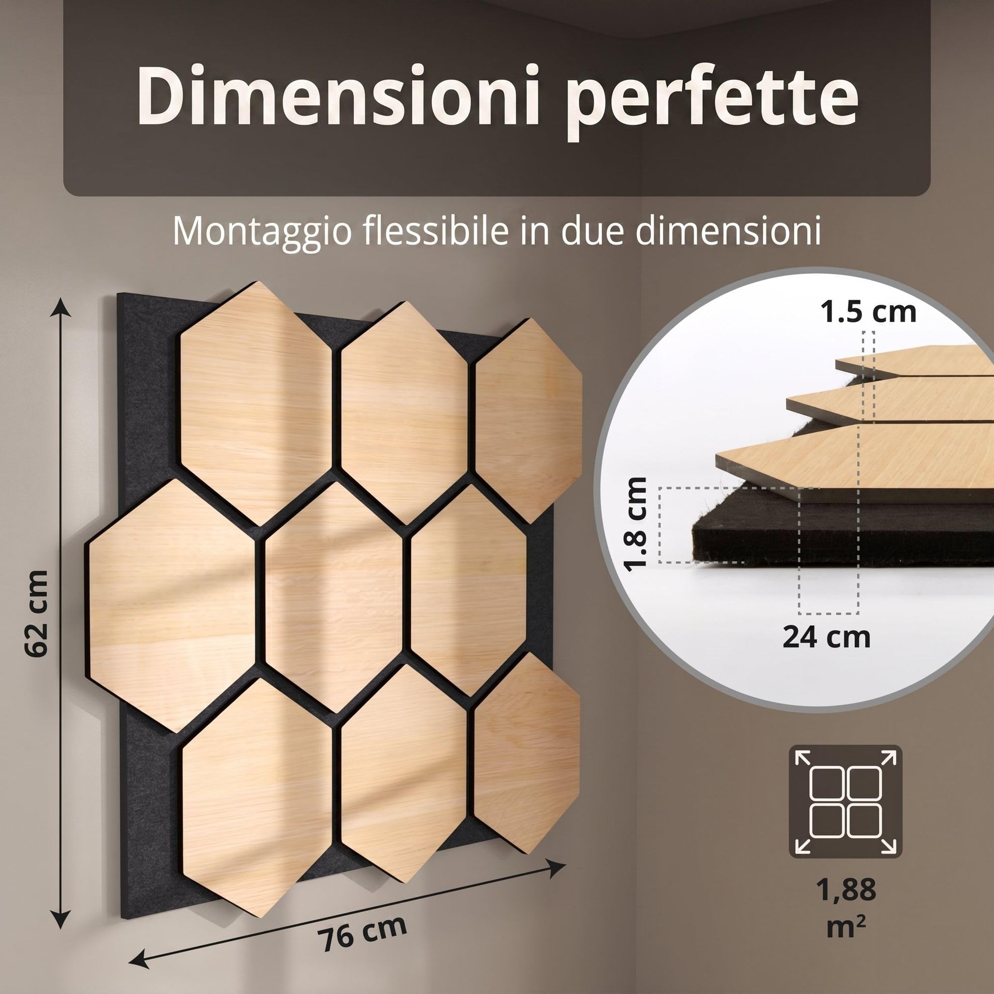 4x Pannelli acustici esagonali 76 x 62cm Rovere chiaro legno