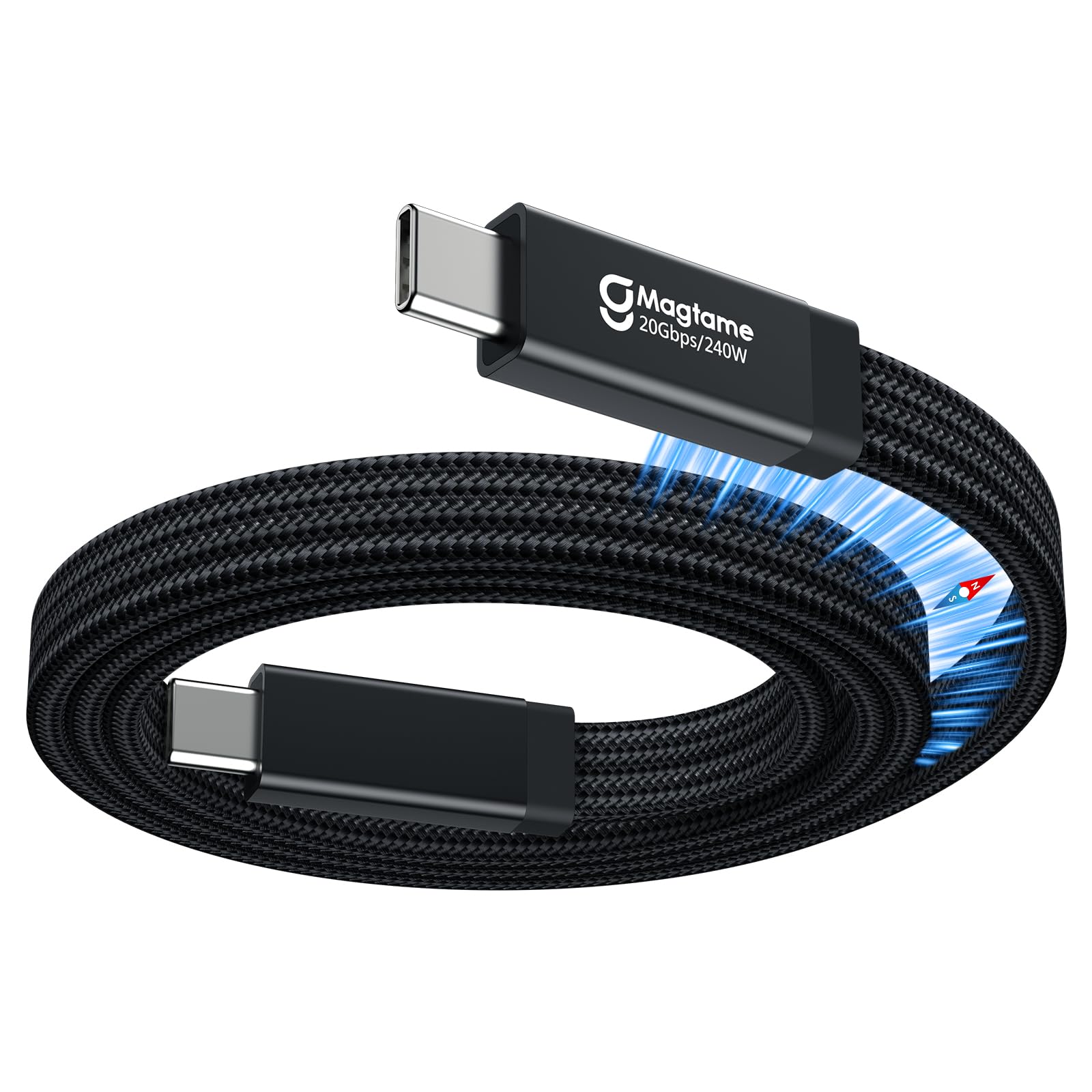 Magtame 240W Magnet USB C zu USB-C Kabel 2.3FT / 0.7M, Flat Coiled 20Gbps USB 3.2, 8K Video Ausgang Typ-C Videokabel, Schnellladekabel Flecht kompatibel mit i-Phone 17/16, Galaxy, Laptop, Monitor
