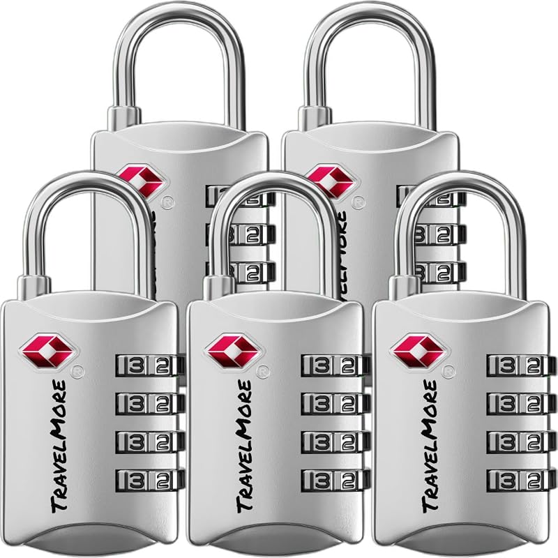 TravelMore Luggage Locks TSA Approved, 4-Digit Travel Combination Locks | TSA Accepted, Easy to Use, Compact, Lightweight, Durable, Zinc Alloy Body, for Suitcases, Backpacks, Zippers, 5-Pack, Silver