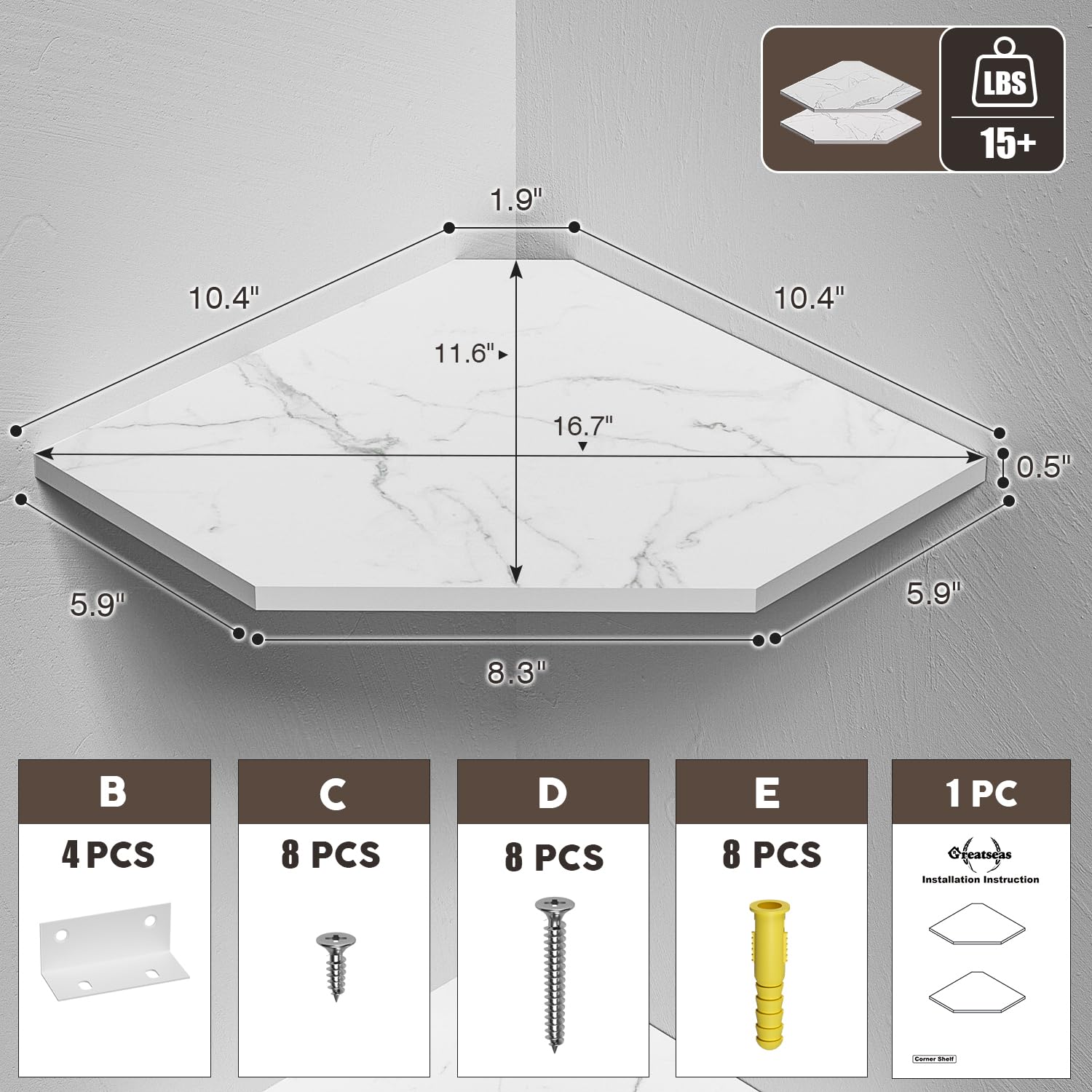 Floating Shelves for Bathroom Corner, Set of 2 Corner Shelf Wall Mount with Wire Hole for Speaker, Baby Monitor, Hanging Decorative Shelf Organizer for Living Room Kitchen, Wood Marble White