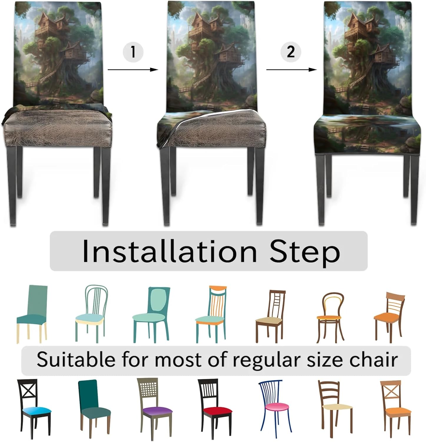 QsirBC Deep Forest Treehouse Stretch Dining Room Chair Covers Set of 6 Chair Slipcovers Removable Washable Kitchen Seat Covers Chair Protectors for Hotel Party Wedding