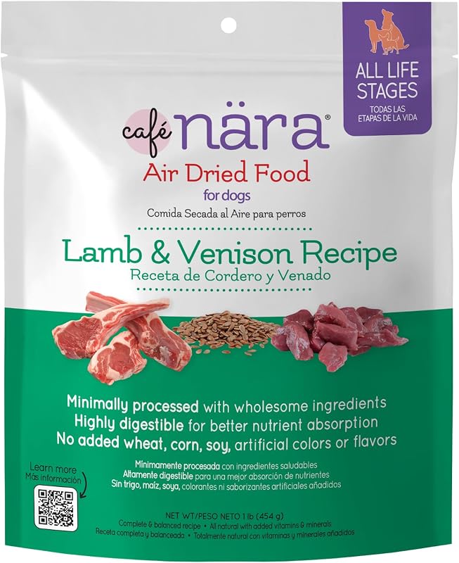 Ração seca para cães Café Nara Air Dried, receita de cordeiro e carne de veado, 454 g