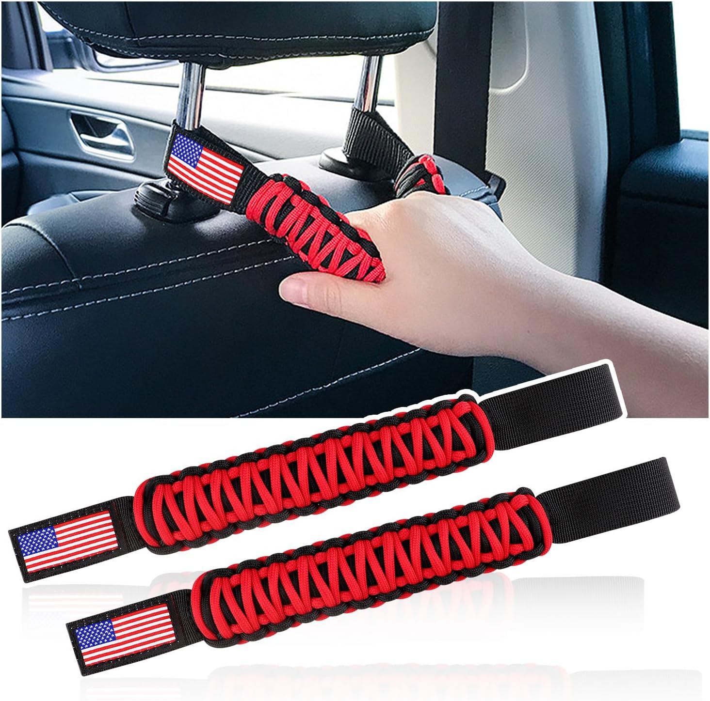 2PCS US Flag Safety Anti-Collision Headrest Grab Handles - Universal Paracord Rear Seat Grab Handles Compatible with Jeep Wrangler YJ TJ JK,Toyota Tacoma,Ford Bronco (Red/2pcs)