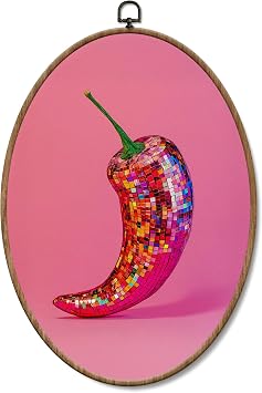 Yorhifa Pink Trendy Retro Disco Hot Pepper Framed Wall Art, Maximalist Eclectic Chili Oval Wall Art, Funky Red Chili Oval Walls Decor, Pink Girly Aesthetic Canvas Artwork Hanging Decor, 8.5x11.5in