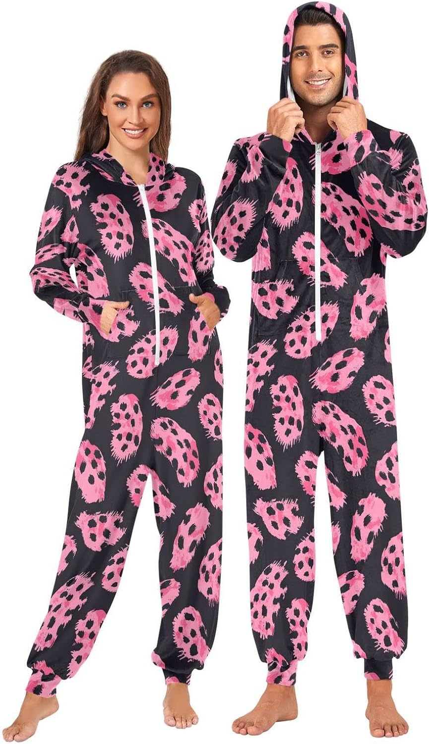 ZZKKO Pink Blocks Black Spotted Adult Onesie Pajamas for Women Men Cozy One Piece Pajamas Costume Zip-Up Hooded S-XL