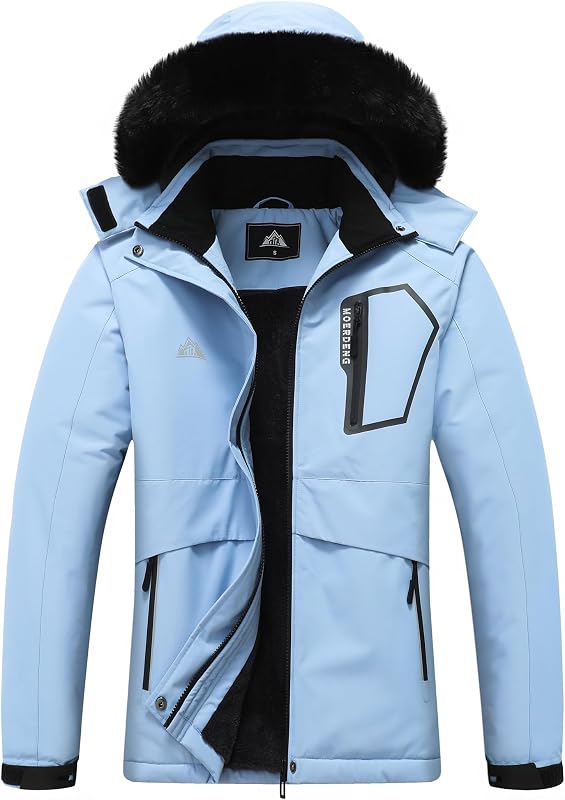 MOERDENG Women's Waterproof Winter Coat Softshell Hiking Jacket | Detachable Hood, Multiple Zipper Pockets, Breathable, Windproof Waterproof For Winter Sports & Travel