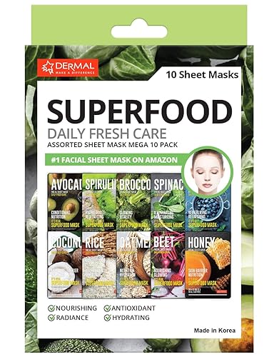DERMAL Superfood Daily Fresh Care - Paquete de 10 mascarillas faciales de hoja surtida para una piel refrescante y radiante, mascarillas hidratantes