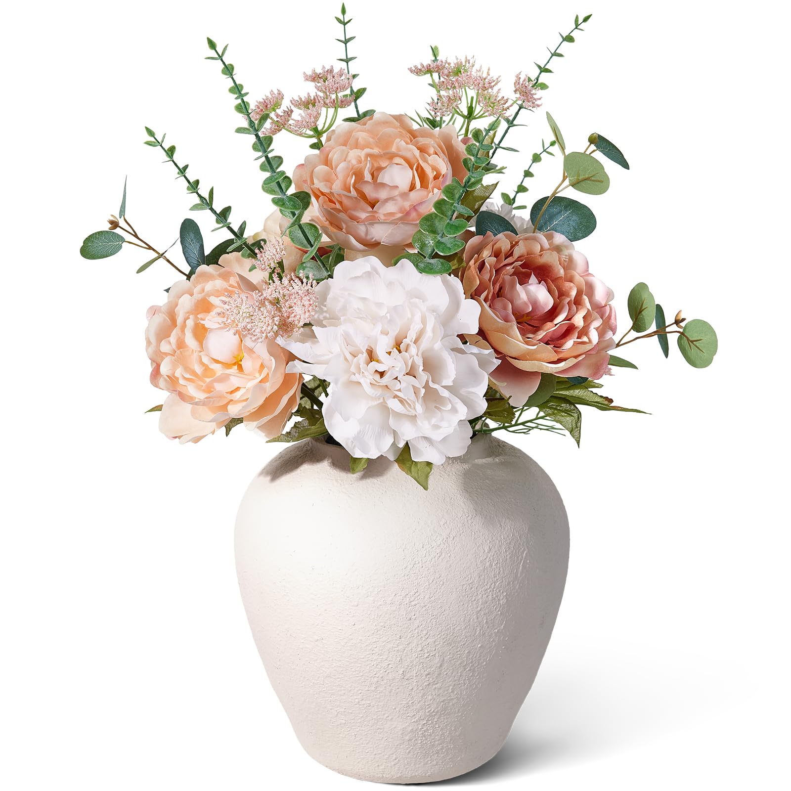 VeriNatural Künstliche Pfingstrose mit Tönerner Vase 55 cm Hellrosa Weiß | Kunstblumen wie Echt Seidenblumen künstliche Blumen für Draußen Wohnzimmer Balkon Hochzeit 1 Stück