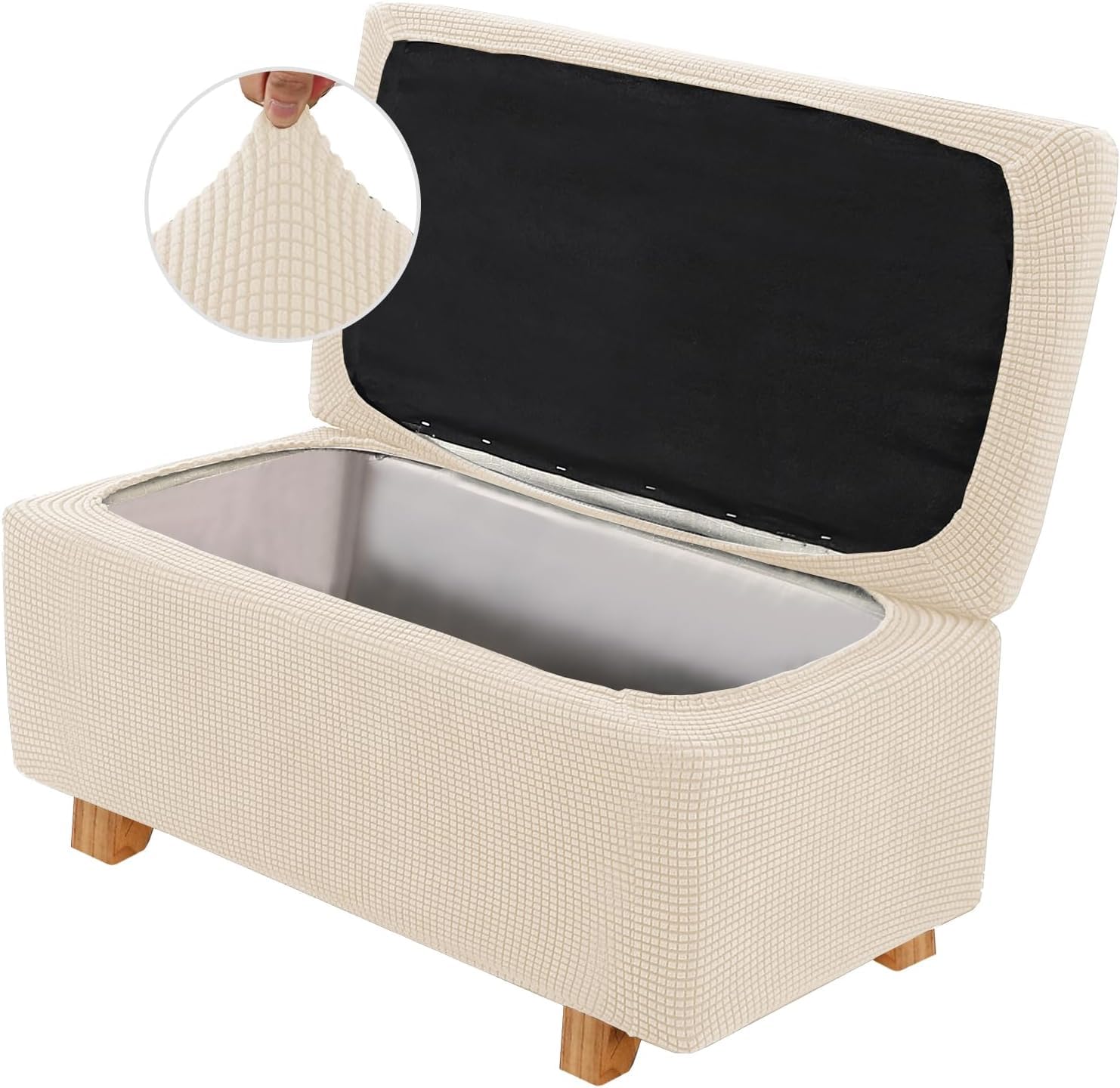 LINGKY 2 Piece Stretch Ottoman Cover Folding Storage Stool Cover Rectangle Foot Rest Slipcover with Elastic Bottom, Checks Spandex Jacquard Fabric (Natural,Large)