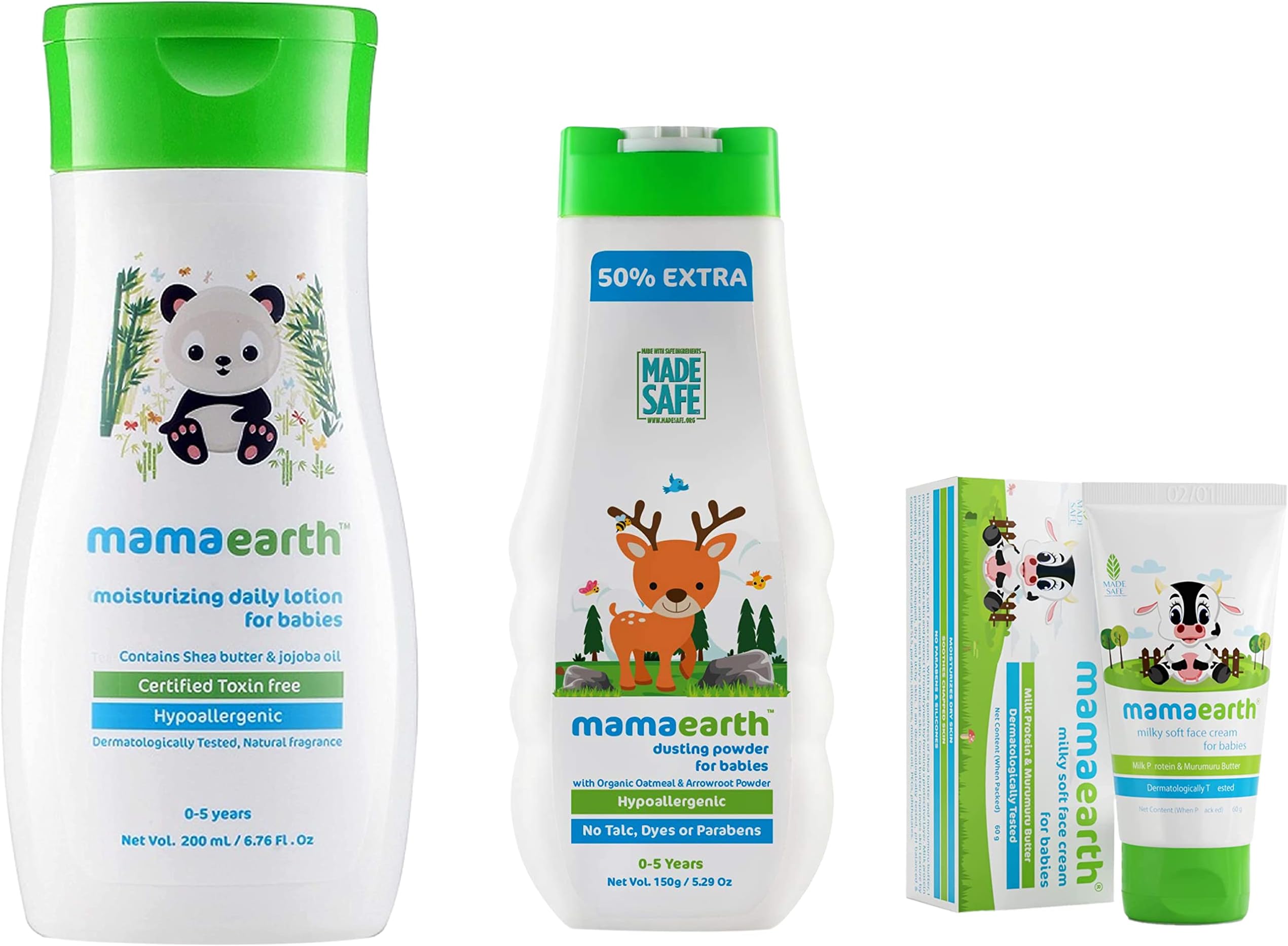 Mamaearth Milky Soft Natural Baby Face Cream for Babies 60mL & dusting Powder with Organic Oatmeal & Arrowroot Powder 150g & Daily Moisturizing Lotion, 200ml