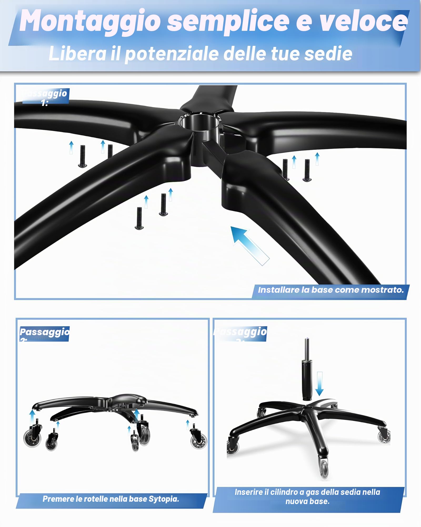 Sytopia Sedia da ufficio a forma di croce – Robusto supporto a 5 stelle in metallo per sedia da ufficio, supporta più di 2600 kg, adatto per ruote da 11 mm x 22 mm, molla a gas da 50 mm