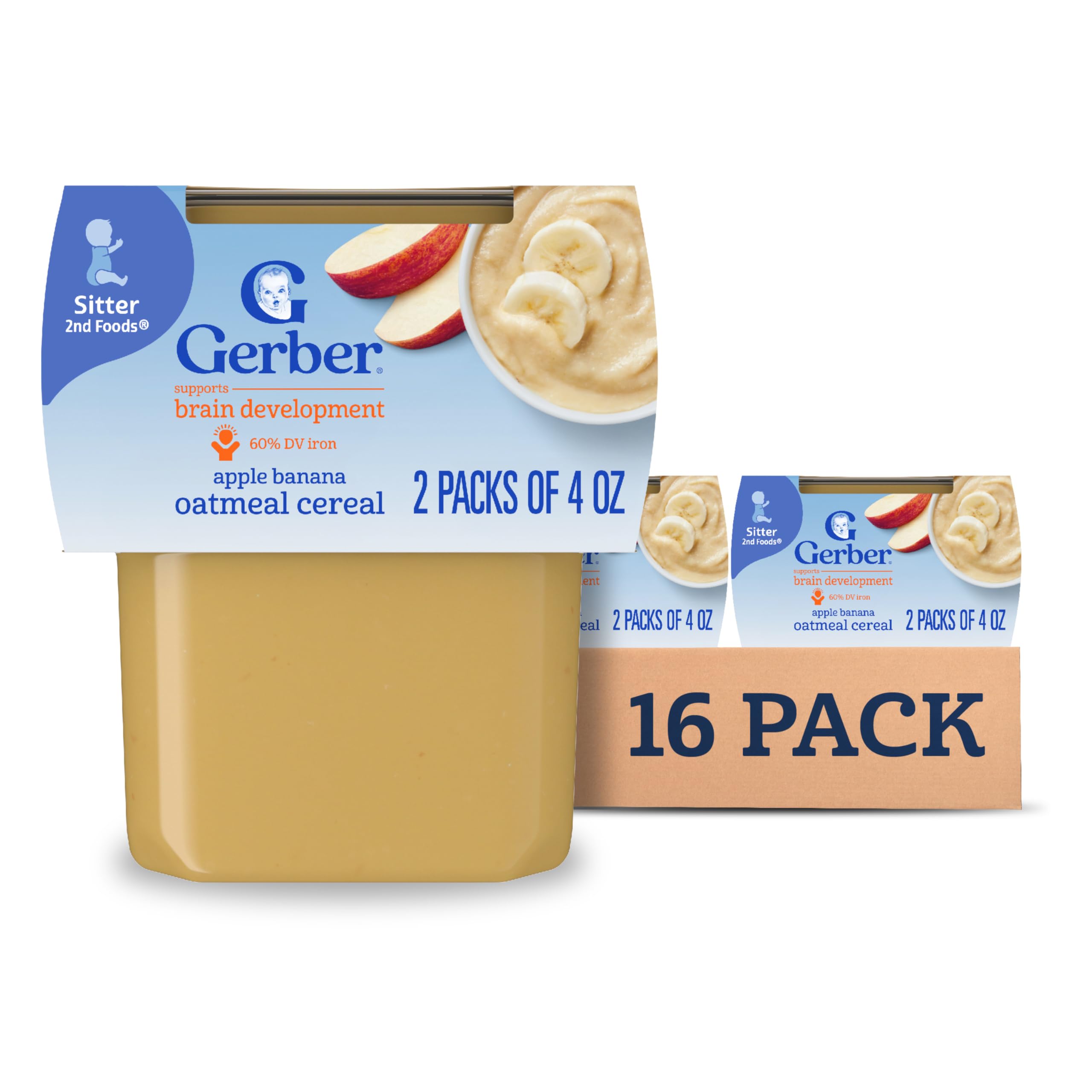 GerberStage 2 Baby Food, Apple Banana Oatmeal Cereal Tubs, Iron Helps Support Brain Development, No Added Colors or Flavors, Baby Oatmeal, 16-Pack