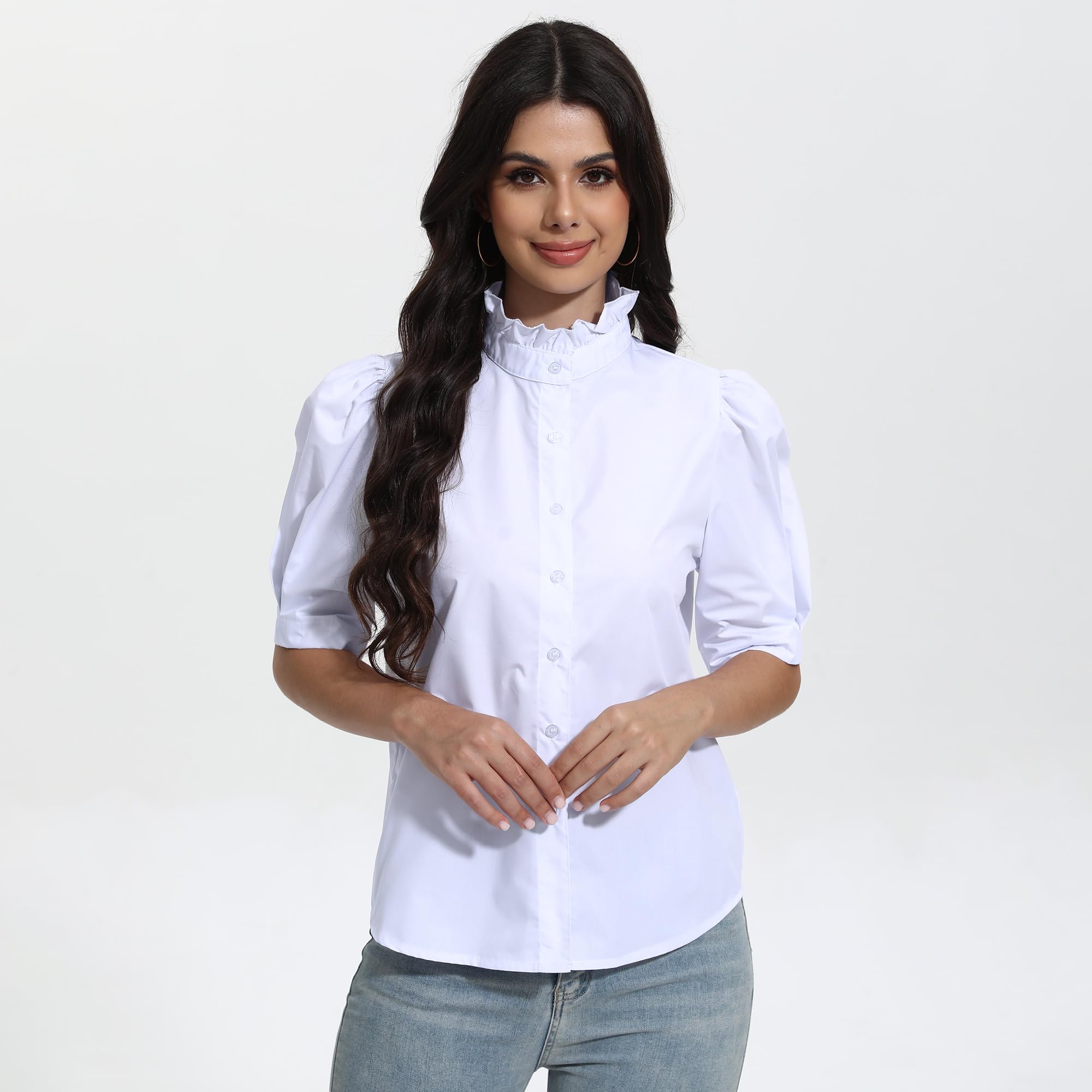 Blusa de verano 2024 para mujer, color negro, con volantes, cuello alto, con botones, mangas abullonadas, Blanco 6