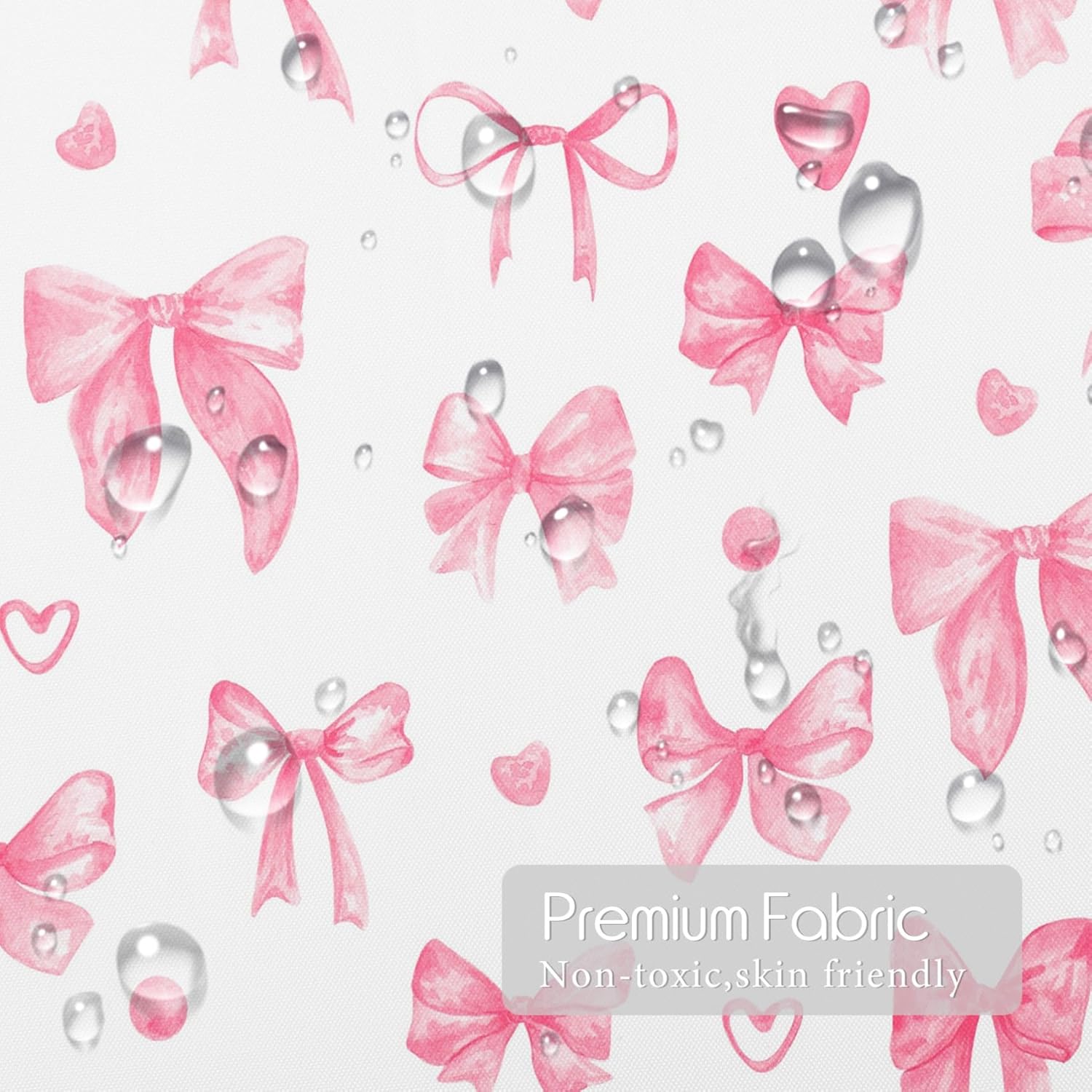 Cute Bow Pink Shower Curtain with Hooks, Pink Bow Heart Preppy Shower Curtains for Girly Bathroom Coquette Bow Modern Aesthetic Bathroom Shower Curtains, 72W X 78L Inch