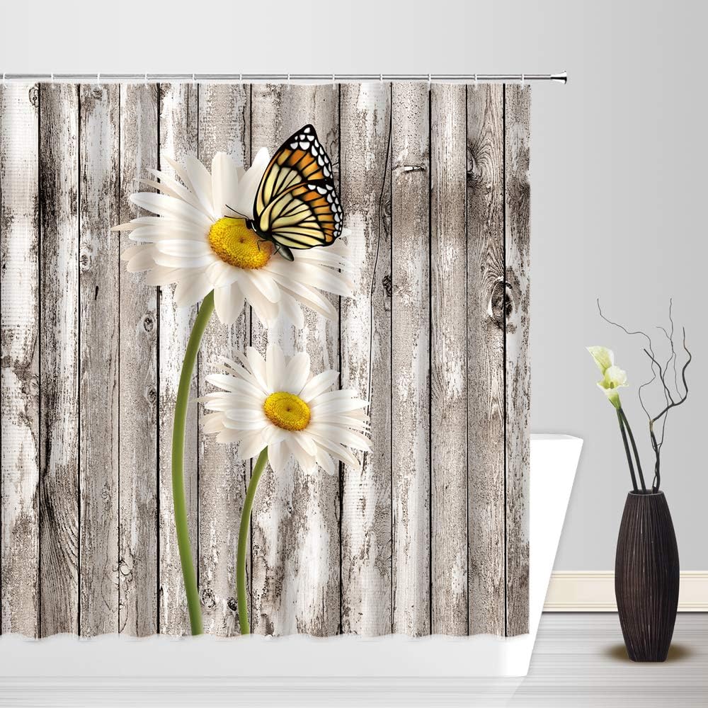 Rustic Daisy Shower Curtain Farmhouse White Daisy Flower Butterfly Vinatage Wooden Barn Door Farm Spring Flower Nature Botanical Retro Countryside Bathroom Decor Fabric Curtain with Hooks