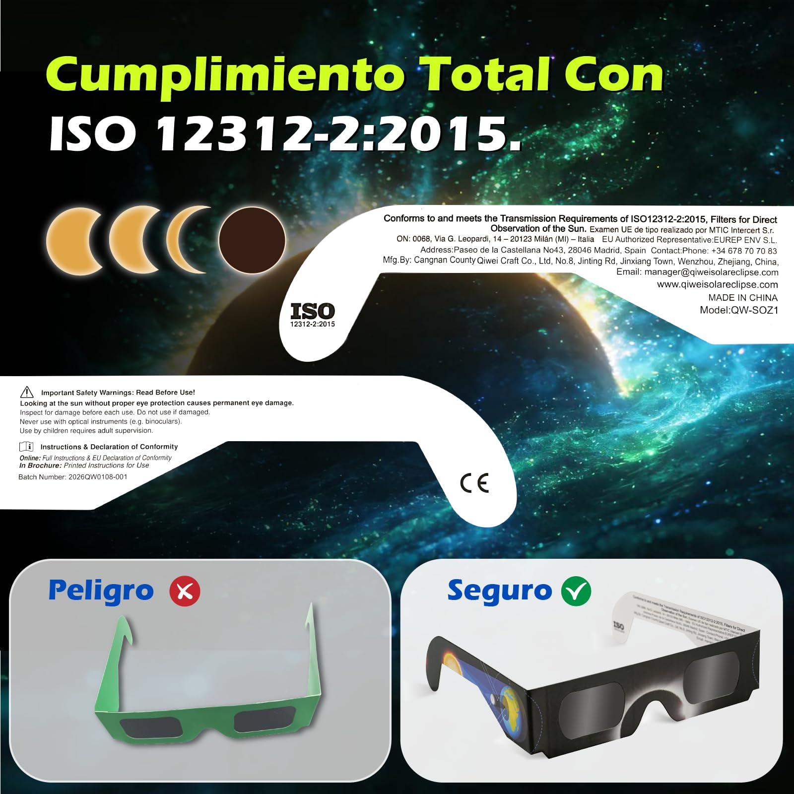 QIWEI gafas eclipse solar homologadas QW-SOZ4，Certificadas EN ISO 12312-2, Visores Solares Seguros para Observación Directa del Sol, Filtros de Alta Definición — view 4