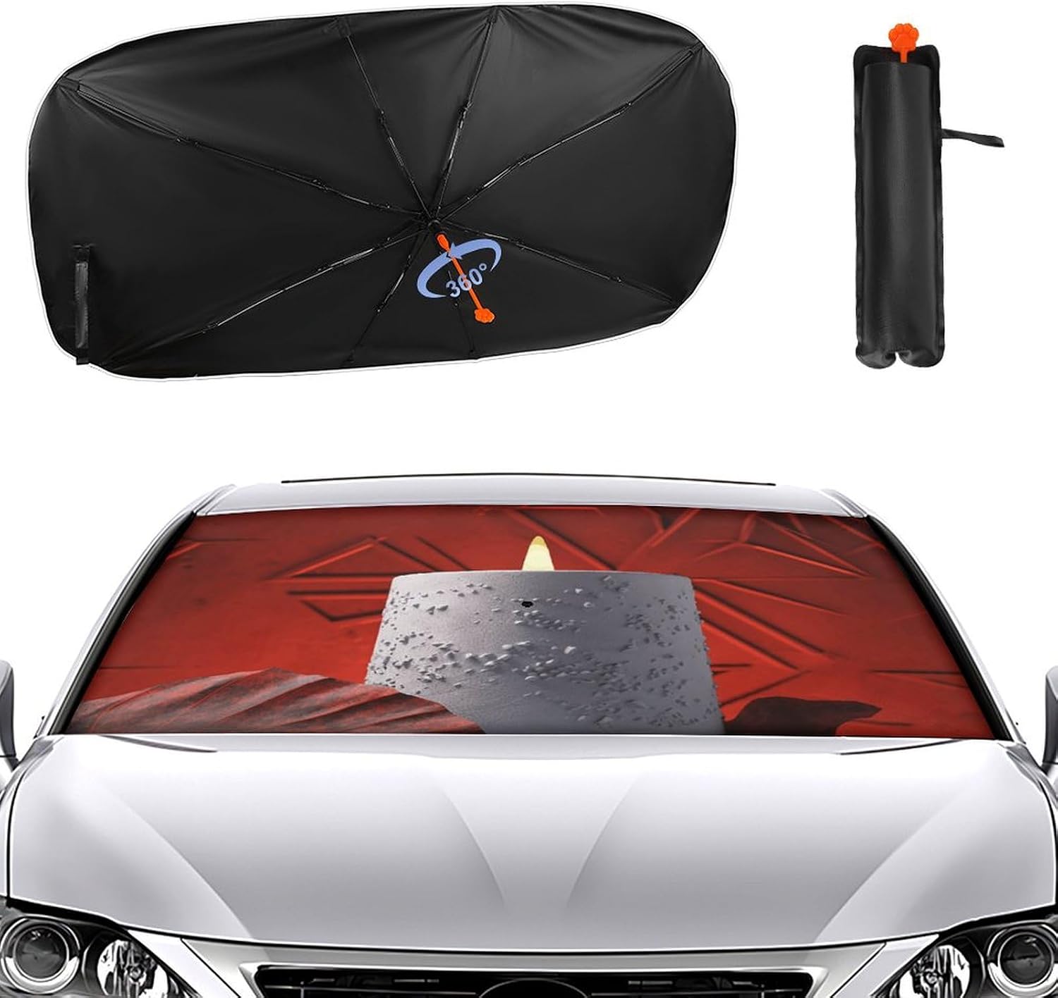 Car Windshield Sun Shade Umbrella Burning Candle Car Sunshade Front Window Cover Windshield Sun Shade for Car Front Window Heat Insulation Protection for Auto Sedan SUV, 133x73cm