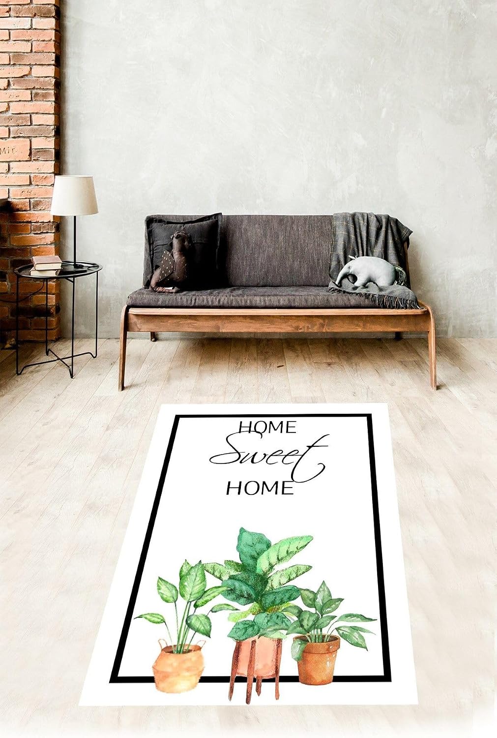 Pelangi Yeşil Yaprak Desenli Home Sweet Home Dijital Baskılı Kaymaz Yıkanabilir Leke Tutmaz Mutfak Halısı, Beyaz 180 x 250
