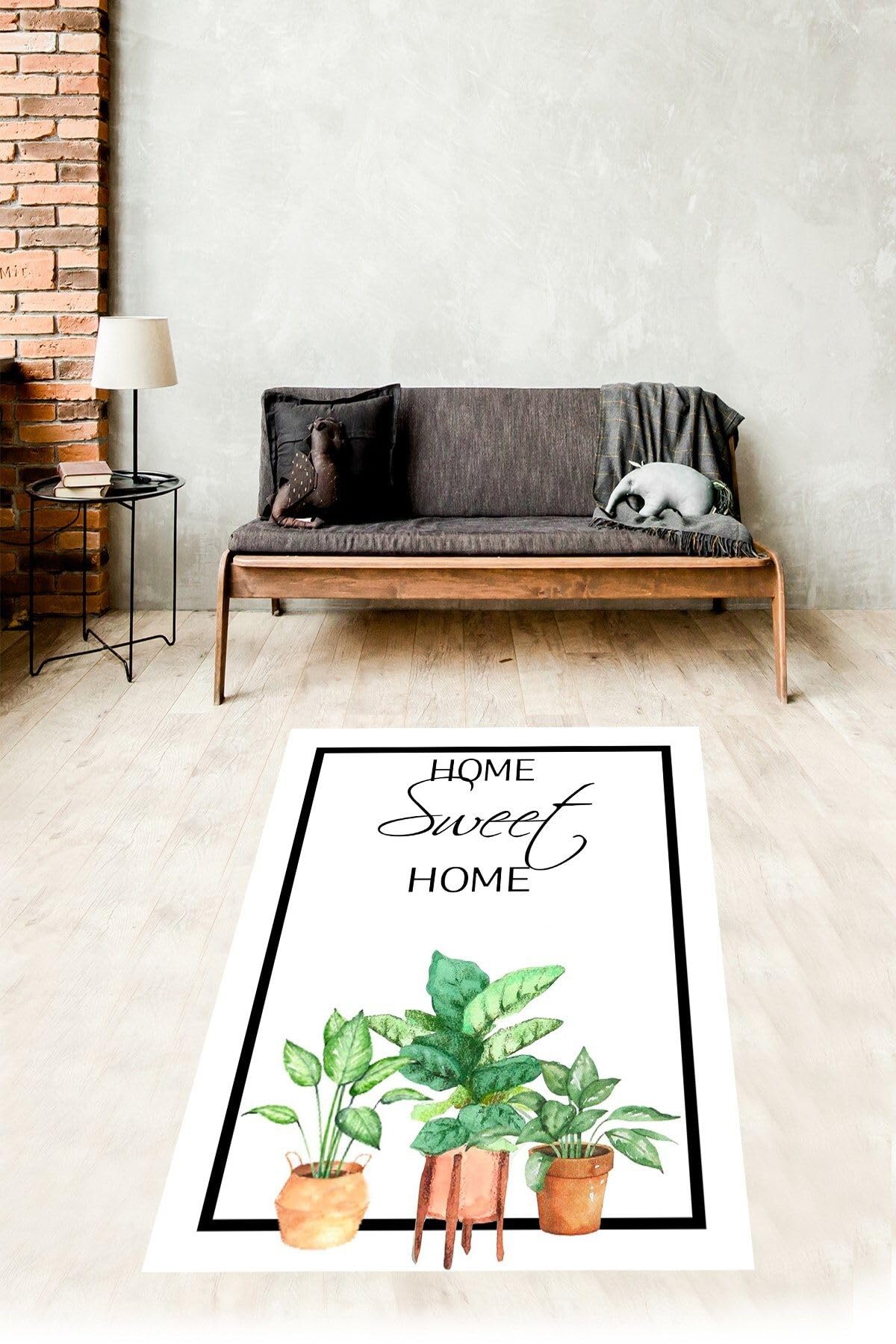 Pelangi Yeşil Yaprak Desenli Home Sweet Home Dijital Baskılı Kaymaz Yıkanabilir Leke Tutmaz Mutfak Halısı, Beyaz 180 x 250