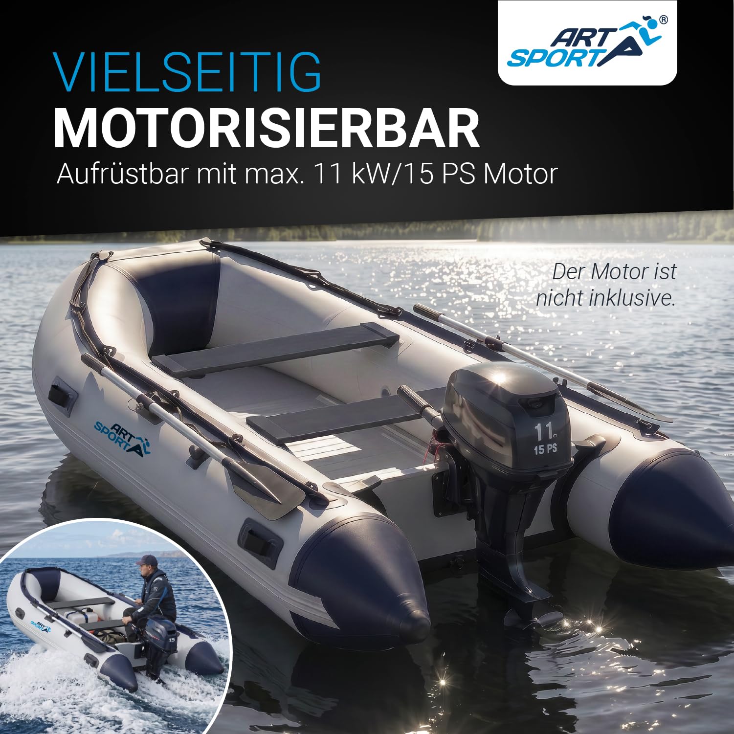 ArtSport Schlauchboot 3,20 m für 4 Personen mit 2 Sitzbänke & Aluboden - Paddelboot mit Paddel, Pumpe, Tasche & Reparaturset - Angelboot aufblasbar