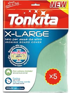 Tonkita | X-Large Bügelbrettbezug 155 x 56 cm, Bügelbrettbezug aus recycelter Baumwolle und Frottee mit Seilclip, für Bügelbretter bis 147 x 48 cm, extra groß, hergestellt in Italien, Packung mit 5