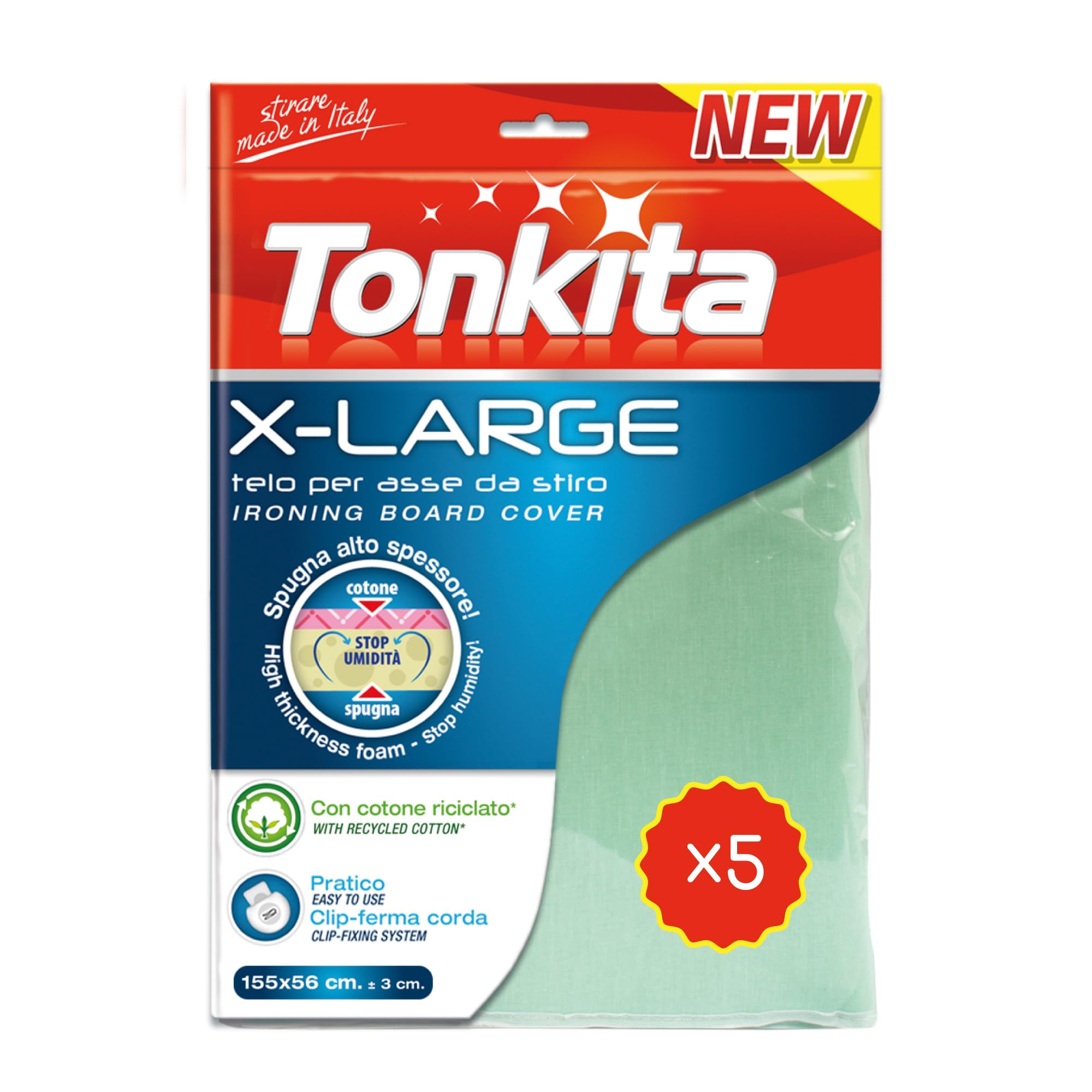 Tonkita | X-Large Lona para Tabla de Planchar de 155 x 56 cm, Funda para Tabla de Planchar de algodón Reciclado y Esponja con Clip para Sujetar la Cuerda, para Tablas de Planchar de hasta 147 x 48 cm