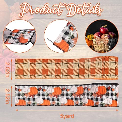Miniatura 2 de 2 rollos de cintas de tela de otoño, decoración de Acción de Gracias, cintas de arpillera a cuadros negros y blancos para Acción de Gracias,