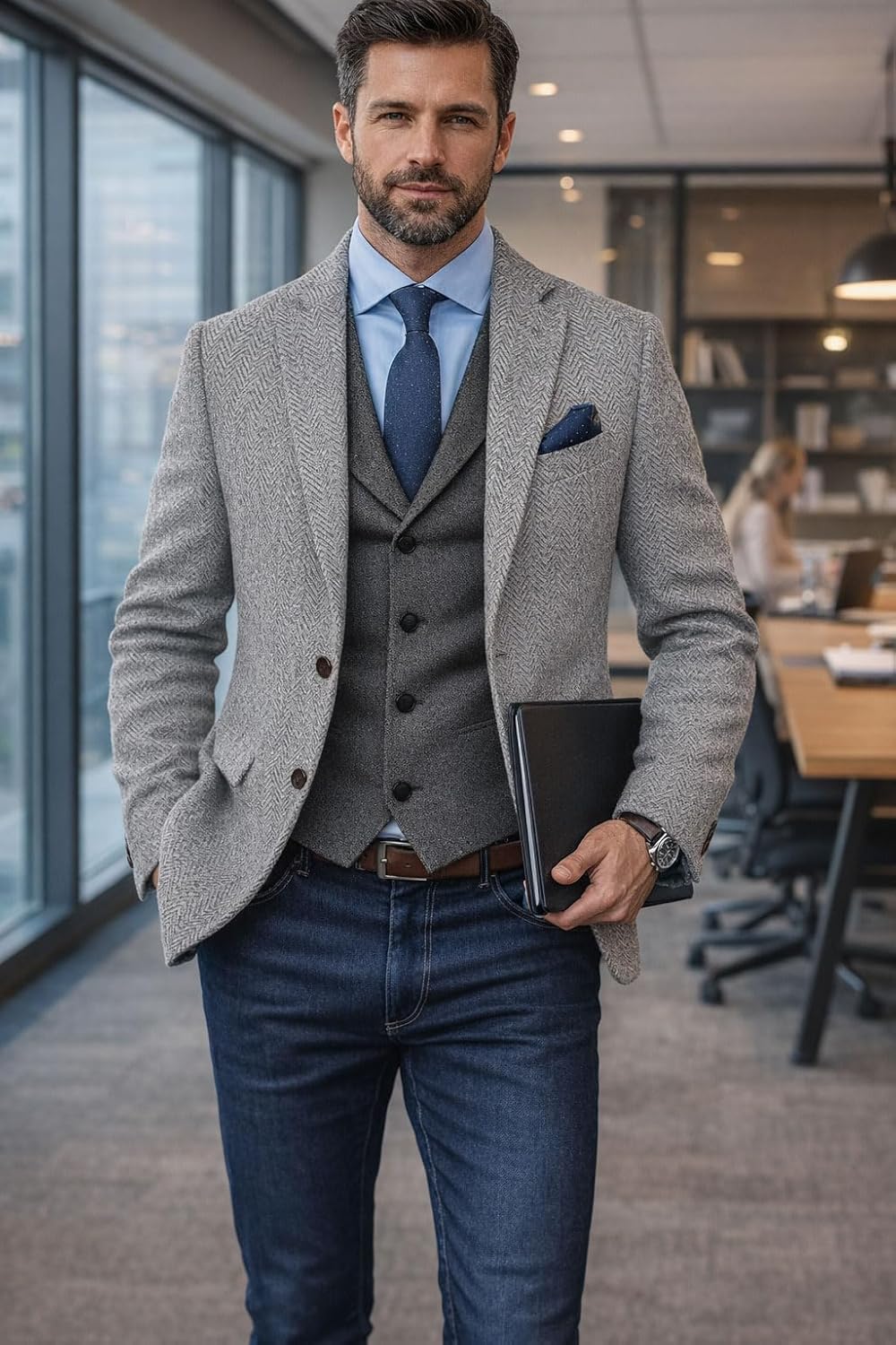 Men's Herringbone Tweed Blazer Wool Blend Tailored Fit Single Breasted Two Button Suit Jacket Business