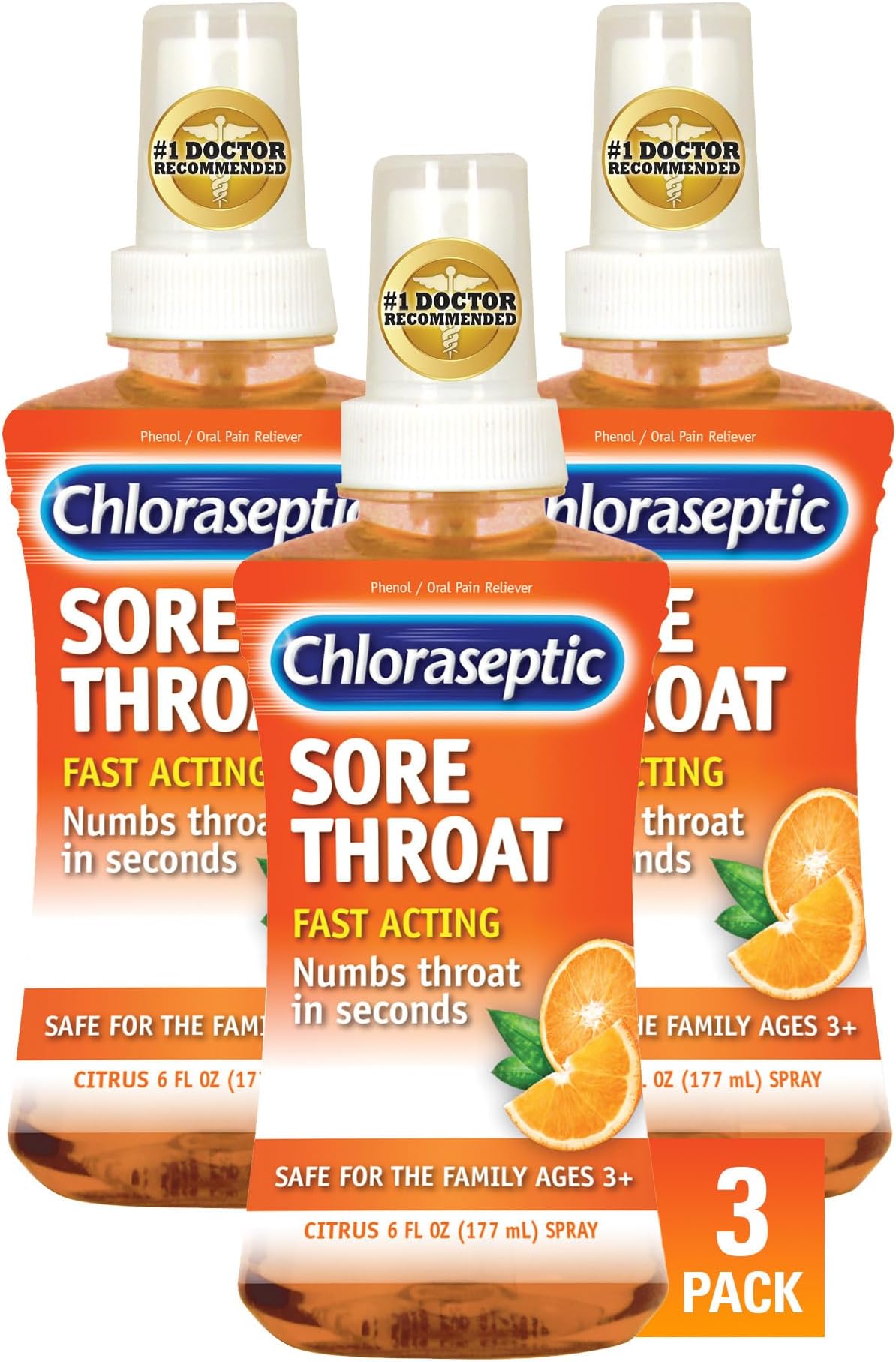 Sore Throat Spray, Citrus Flavor, 6 fl oz, 3 Pack