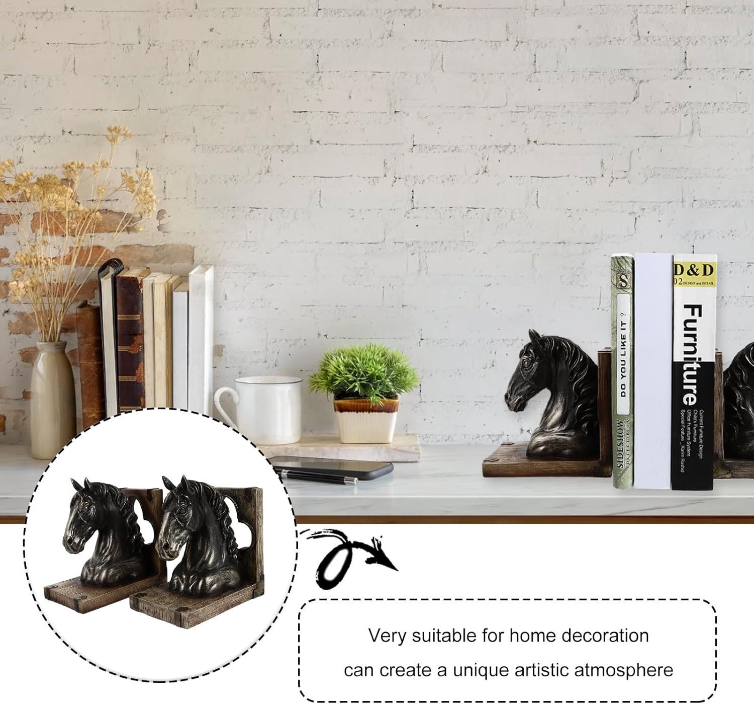 馬の頭のブックエンド ペア 樹脂製本棚金具 高精細彫刻装飾 オフィス 書斎用デスクアクセント 新築祝い向け 1Pair