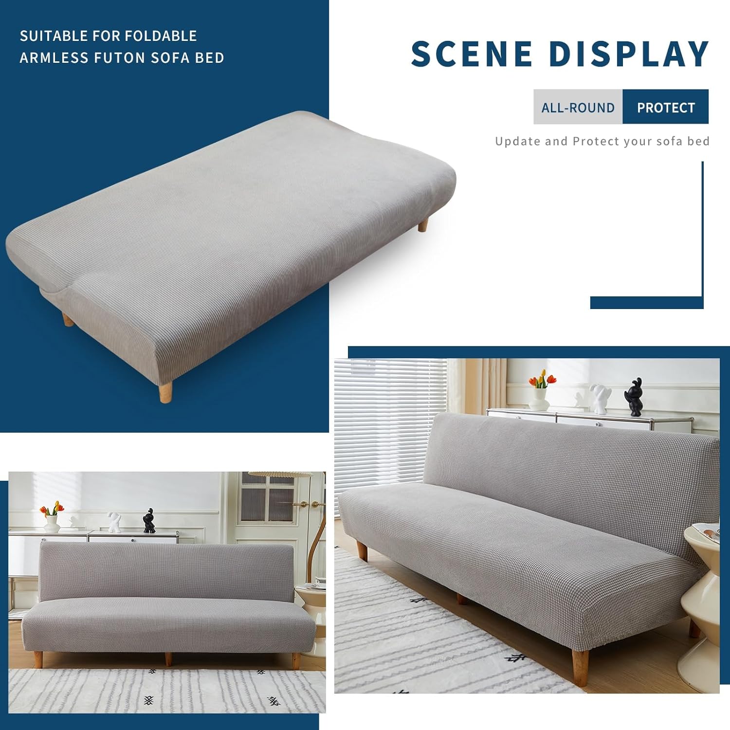 Armless Futon Cover, Stretch Folding Sofa Bed Slipcover Couch Cover with Elastic Bottom(Gray,Large)