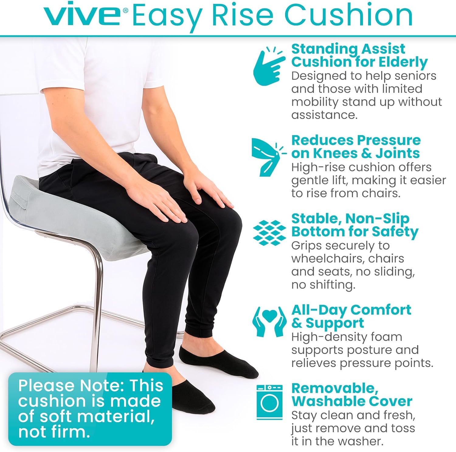 Vive Seat and Chair Cushion - Easy Rise for Elderly for Office, Wheelchair, Desk, Car & Couch - For Computer Use - Foam Sofa Pad With Cover - For Adults/Seniors - Relief for Back, Tailbone or Sciatica