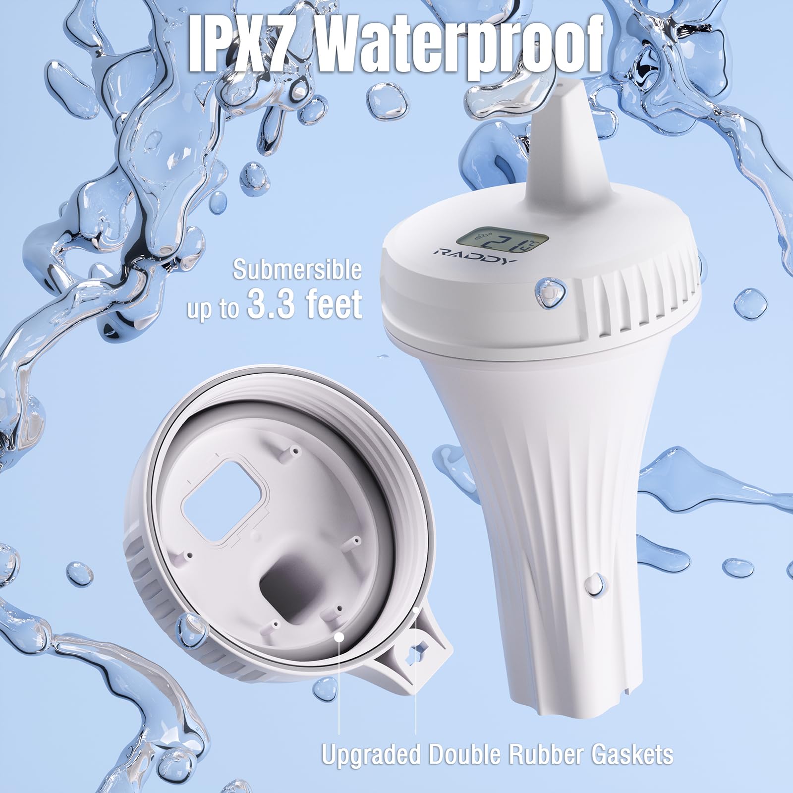 Raddy PT-2 Bezprzewodowy termometr basenowy pływający, łatwy do odczytania, termometr do temperatury wody IPX7 z budzikiem, poziom komfortu wody, precyzyjny czujnik do basenu, jacuzzi, wanny