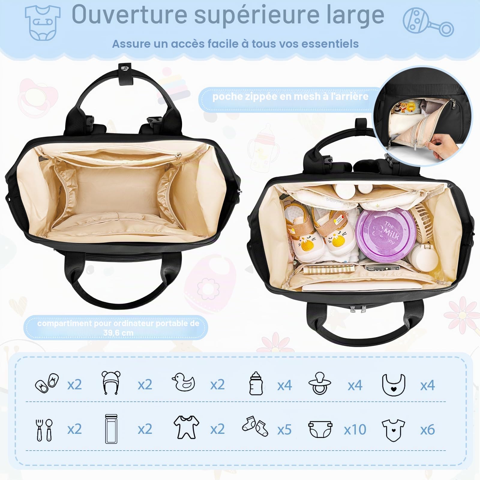 RAINSMORE Sac a Langer Bebe Multifonction Sacs à Dos à Langer Avec Matelas à Langer Grande Capacité Sac de Maternité Maman et Papa Noir