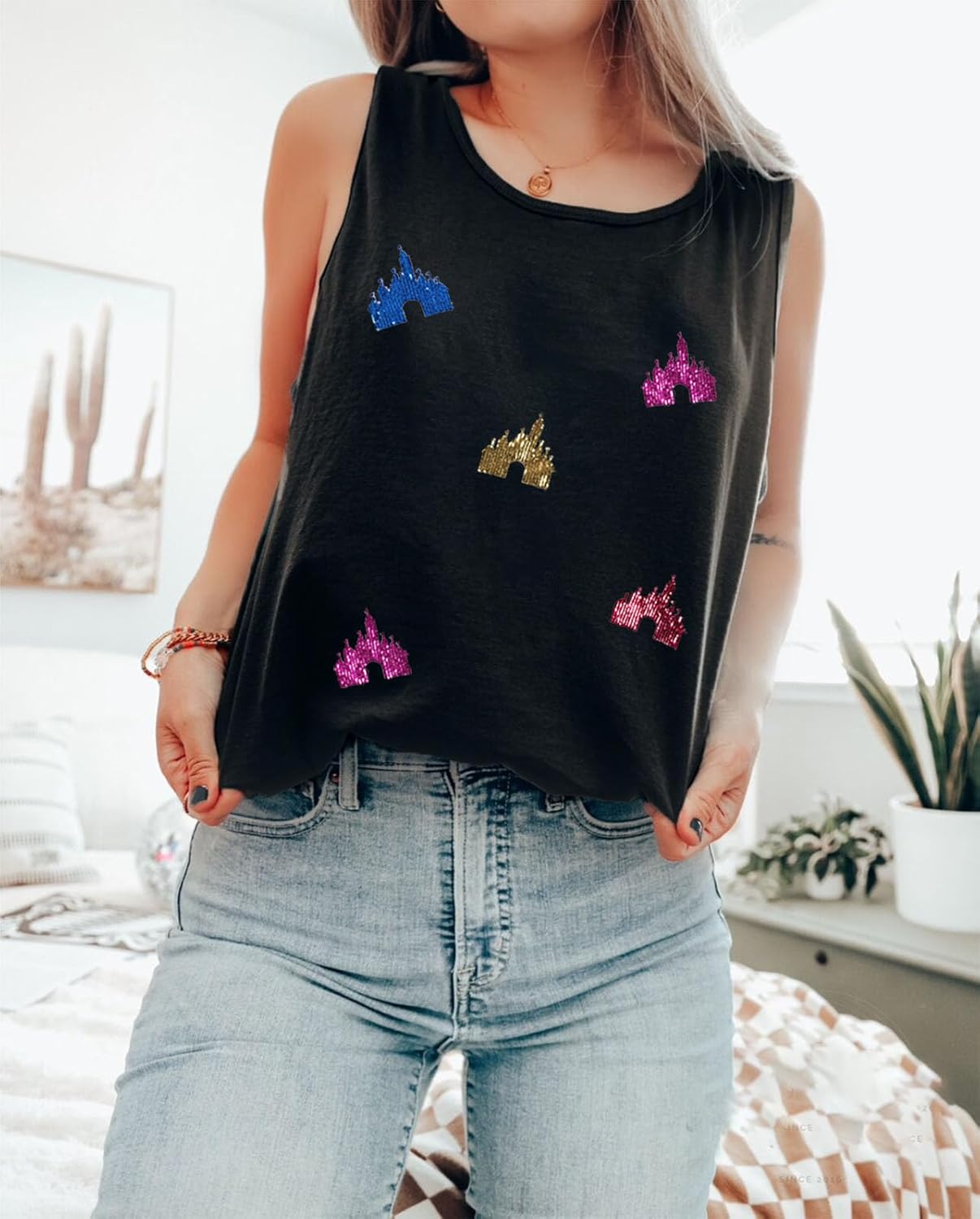 Magic Kingdom Tanks for Women Sequin Shirts Colorful Castle Graphic Sleveless Top Holiday Vacation Tank Tops - Image 4