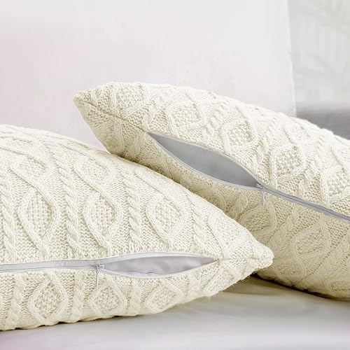 Miniatura 4 de Homiest Juego de 3 mantas y almohadas de punto trenzado, color blanco crema, manta de punto (50 x 60 pulgadas) y 2 fundas de almohada (18 x 18