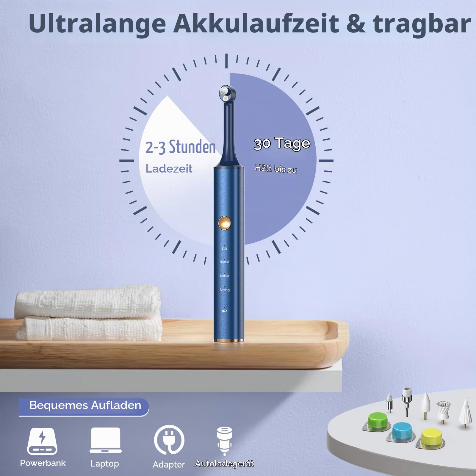 Zahnreinigung Bleaching Zahnaufhellungsset, Beedove Zahnpolierer mit 4 Modi für Zähne Aufhellen, zum Polieren nach der Zahnreinigung, Zahnaufhellung Set mit 6 Köpfen 3 Polierpaste Zähne (Blau)