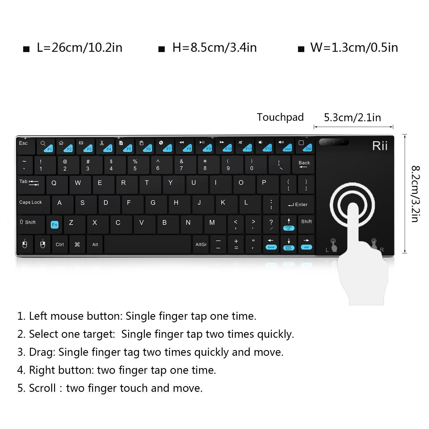 Rii Mini K12 Ultra Slim Wireless Keyboard with Touchpad for Travel Media Player Game Console (mini k12)