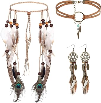 GWAWG 3 PCS Indian Head Dress Jewelry Set Women's Hippie Hair Band Leather Choker and Feather Dangle Earrings for Women Vintage Hippie Tribal Gathering Cosplay Carnival Festival